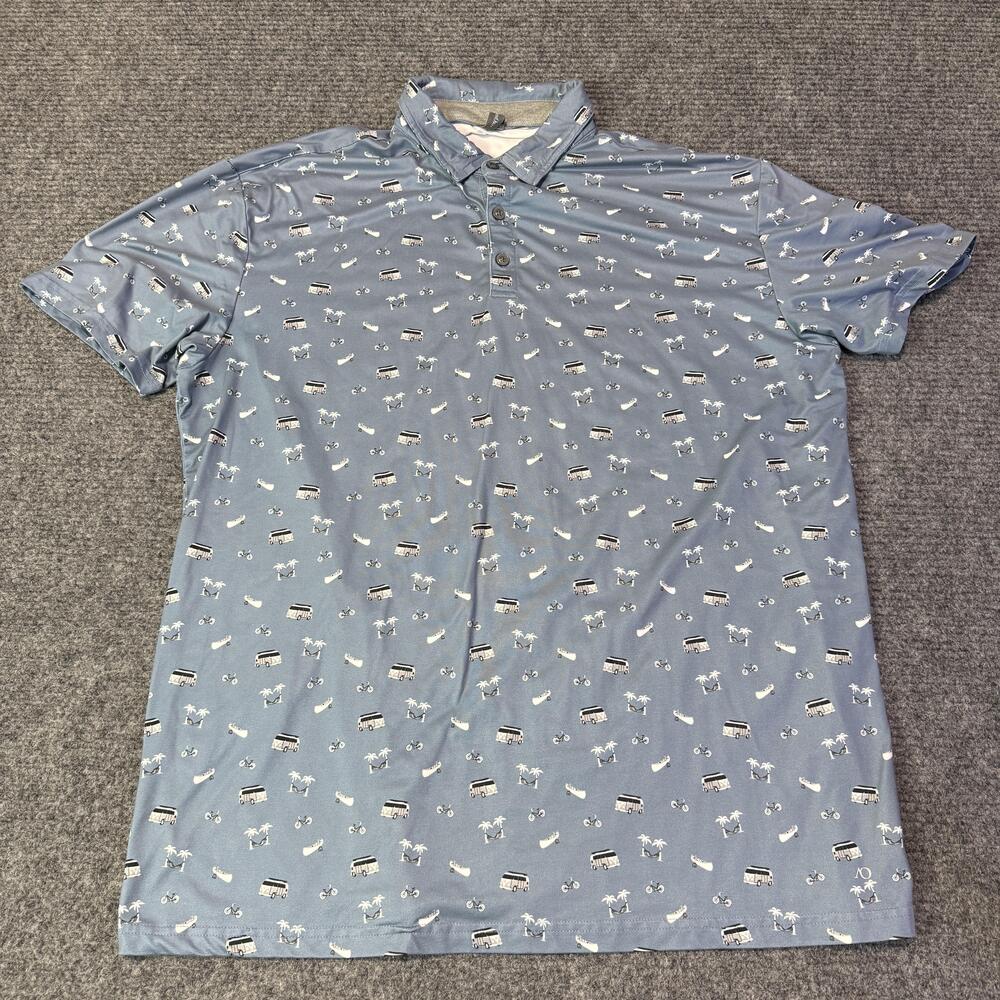 Anderson Ord Polo Shirt Mens XL Blue Camper Van Palm Tree Golf All Over Print